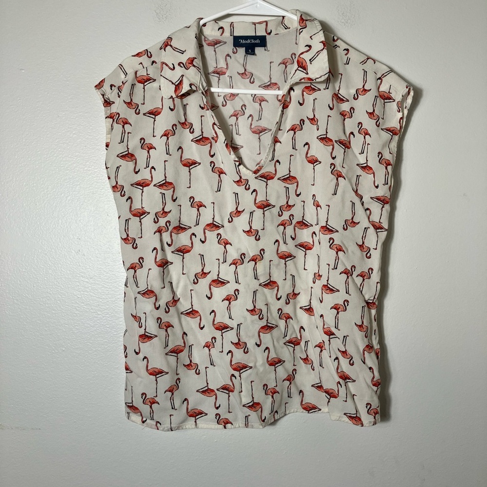 ModCloth Blouse‎ Sz S Flamingos Short Sleeve FLAW One Very Small Stain C Pic